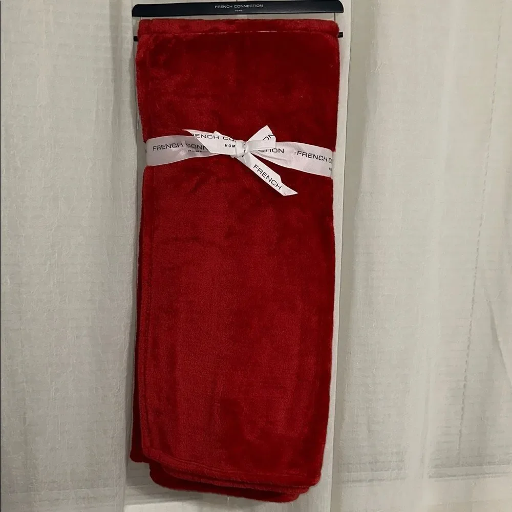 French Connection Fiery Red Plush Blanket Throw with a Hanger